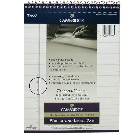 Picture of Cambridge Premium Writing Pad, A4, 70 Sheets (140 Pages), Le
al Ruled (Numbered), White / EA