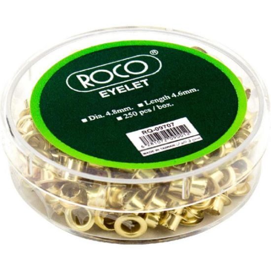 Picture of Roco Eyelet Brass, 
Single Holeup to 15 Sheets of 80 gsm;19 Sheets of 70 gsm Gold
250 Pieces/Box / BX