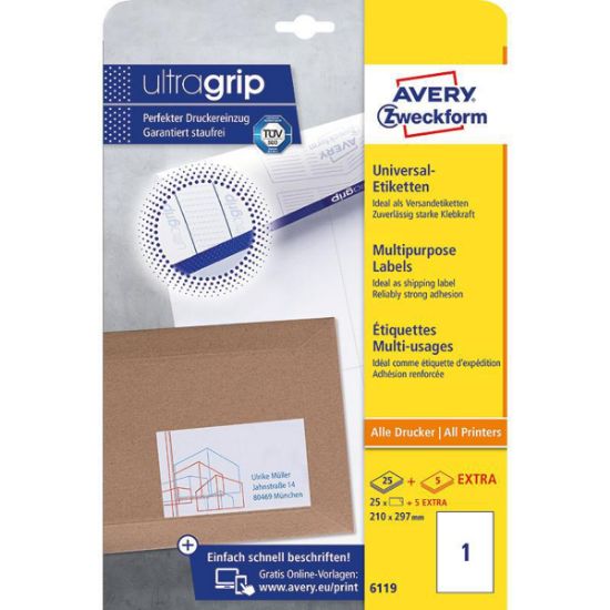 Picture of Avery Zweckform UltraGrip Multipurpose Labels210 mm X 297mm RectangleWhite1 Labels/Sheet25 Sheets/Pack / PACK